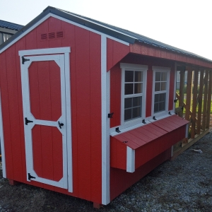 #33 - 6x8 High Pt Coop w/12' Run $3790 Red Sides, White Trim, Black Roof
