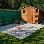 Storage shed on a concrete slab foundation