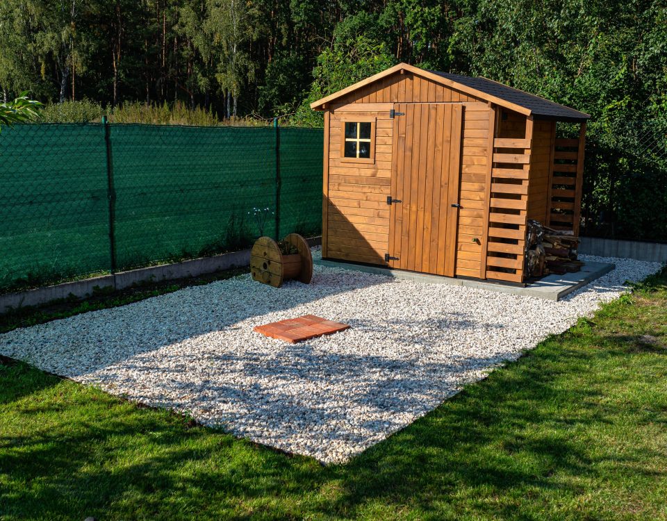 Storage shed on a concrete slab foundation